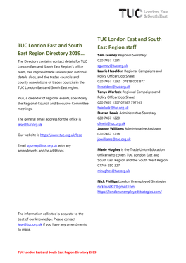 TUC London East and South East Region Directory 2019…