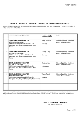 Notice of Filing of Application/S for Alien Employment Permit/S (Aep/S)