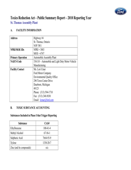 Toxics Reduction Act – Public Summary Report – 2010 Reporting Year St