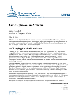 Civic Upheaval in Armenia Name Redacted Analyst in European Affairs