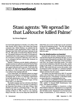 Stasi Agent: 'We Spread Lie That Larouche Killed Palme'