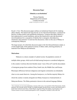 1 Discussion Paper Ethnicity As an Institution* Thomas Pepinsky