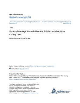 Potential Geologic Hazards Near the Thistle Landslide, Utah County, Utah