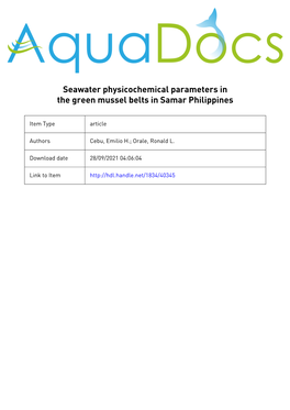 Seawater Physicochemical Parameters in the Green Mussel Belts in Samar Philippines