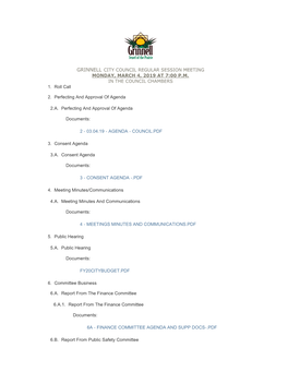 Grinnell City Council Regular Session Meeting Monday, March 4, 2019 at 7:00 P.M