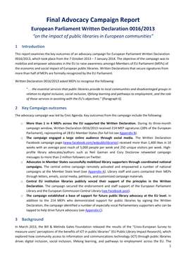 Final Advocacy Campaign Report European Parliament Written Declaration 0016/2013 “On the Impact of Public Libraries in European Communities”