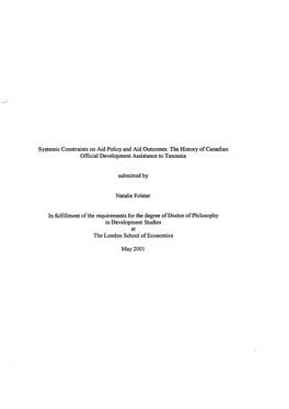 Systemic Constraints on Aid Policy and Aid Outcomes: the History of Canadian Official Development Assistance to Tanzania Submitt