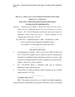 Roe V. Planned Parenthood Southwest Ohio Region, 122 Ohio St.3D 399, 2009-Ohio- 2973.]