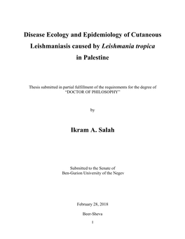 Disease Ecology and Epidemiology of Cutaneous Leishmaniasis Caused by Leishmania Tropica in Palestine