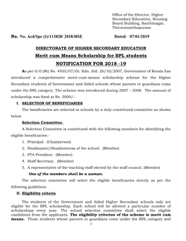 Merit Cum Means Scholarship for BPL Students NOTIFICATION for 2018 -19 As Per G.O.(Rt) No