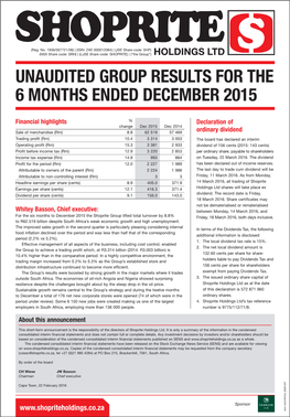 Unaudited Group Results for the 6 Months Ended December 2015