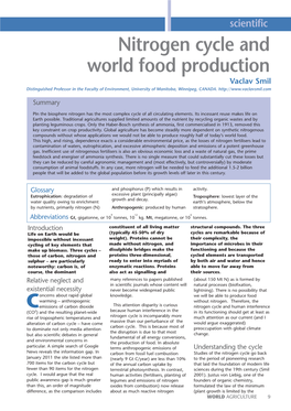 Nitrogen Cycle and World Food Production Vaclav Smil Distinguished Professor in the Faculty of Environment, University of Manitoba, Winnipeg, CANADA