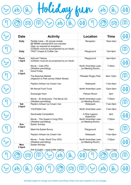 Date Activity Location Time