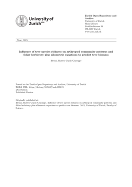 Influence of Tree Species Richness on Arthropod Community Patterns and Foliar Herbivory Plus Allometric Equations to Predict Tree Biomass