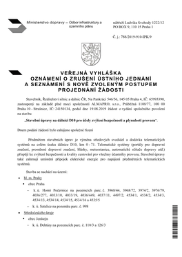 Veřejná Vyhláška Oznámení O Zrušení Ústního Jednání a Seznámení S Nově Zvoleným Postupem Projednání Žádosti