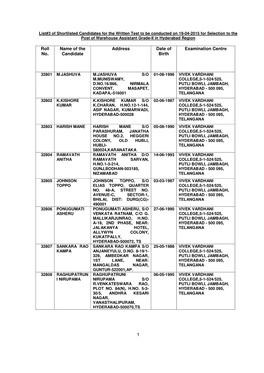 List#3 of Shortlisted Candidates for the Written Test to Be Conducted on 19-04-2015 for Selection to the Post of Warehouse Assistant Grade-II in Hyderabad Region