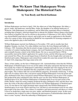 How We Know That Shakespeare Wrote Shakespeare: the Historical Facts by Tom Reedy and David Kathman