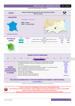 VERNET-LES-BAINS – CONCESSION DE CASTEIL IRSP N°66222.2 Inventaire Des Réseaux Spéciaux Et Particuliers