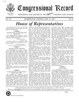 Congressional Record United States Th of America PROCEEDINGS and DEBATES of the 107 CONGRESS, FIRST SESSION