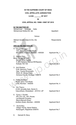 In the Supreme Court of India Civil Appellate Jurisdiction I.A No. ___Of 2017 in Civil Appeal No. 10866 -10867 of 2010 in T