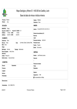 Mapa Geológico Y Minero E.1: 400.000 De Castilla Y León Base De Datos De Minas E Indicios Mineros