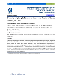 Diversity of Phytoplankton from Three Water Bodies of Satara District (MS