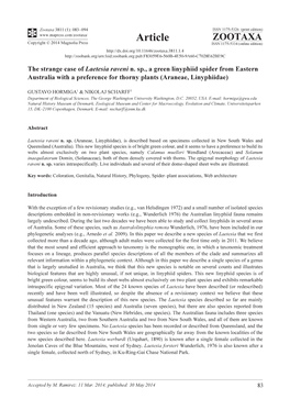 The Strange Case of Laetesia Raveni N. Sp., a Green Linyphiid Spider from Eastern Australia with a Preference for Thorny Plants (Araneae, Linyphiidae)