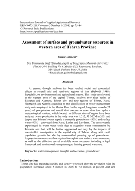Assessment of Surface and Groundwater Resources in Western Area of Tehran Province