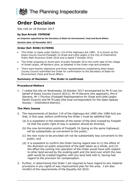 Order Decision Site Visit on 18 October 2017 by Sue Arnott FIPROW an Inspector Appointed by the Secretary of State for Environment, Food and Rural Affairs