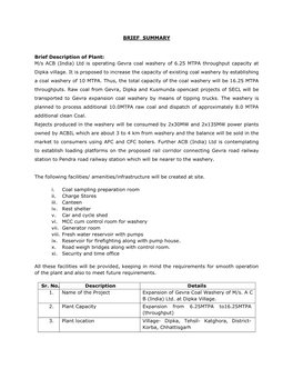 BRIEF SUMMARY Brief Description of Plant: M/S ACB (India) Ltd Is