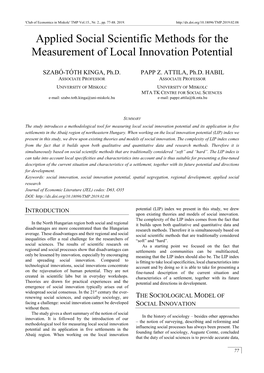 Applied Social Scientific Methods for the Measurement of Local Innovation Potential