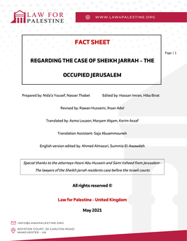 Fact Sheet Regarding the Case of Sheikh Jarrah