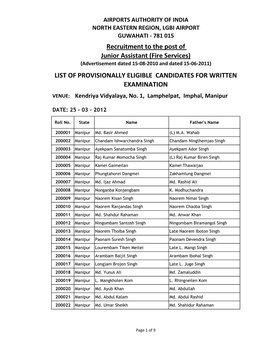 LIST of PROVISIONALLY ELIGIBLE CANDIDATES for WRITTEN EXAMINATION Recruitment to the Post of Junior Assistant (Fire Services)