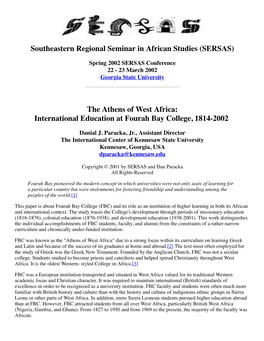 The Athens of West Africa: International Education at Fourah Bay College, 1814-2002
