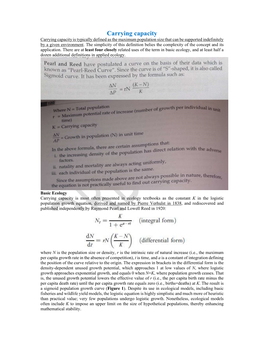 Carrying Capacity Carrying Capacity Is Typically Defined As the Maximum Population Size That Can Be Supported Indefinitely by a Given Environment