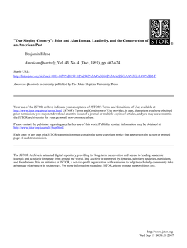 "Our Singing Country": John and Alan Lomax, Leadbelly, and the Construction of an American Past