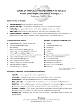 WAGER on WIKIPEDIA: INFORMATION LITERACY in the DIGITAL AGE Program Speed Dating @ 2019 ALA Annual, Washington, D.C