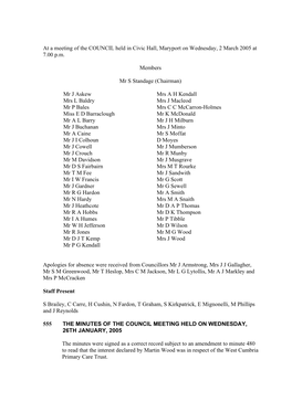 At a Meeting of the COUNCIL Held in Civic Hall, Maryport on Wednesday, 2 March 2005 at 7.00 P.M. Members Mr S Standage (Chairman