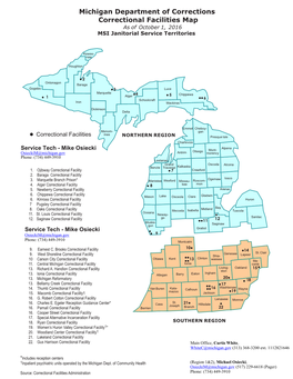 Michigan Department of Corrections Correctional Facilities Map As of October 1, 2016 MSI Janitorial Service Territories