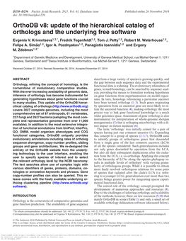 Orthodb V8: Update of the Hierarchical Catalog of Orthologs and the Underlying Free Software Evgenia V