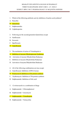 Sem-V-Cbcs –Ay 2020-21 Subject: Bph C 504 T- Pharmacology