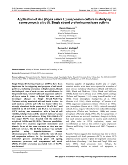 Oryza Sativa L.) Suspension Culture in Studying Senescence in Vitro (I