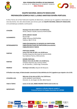 EQUIPO NACIONAL ABSOLUTO MASCULINO PREPARACIÓN OLÍMPICA FASE 2 Y DOBLE AMISTOSO ESPAÑA-PORTUGAL