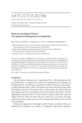 Notes on Rust Fungi in China 2. Two Species of Coleosporium on Compositae