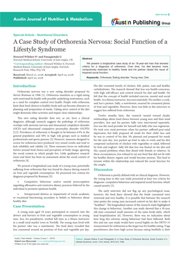 A Case Study of Orthorexia Nervosa: Social Function of a Lifestyle Syndrome