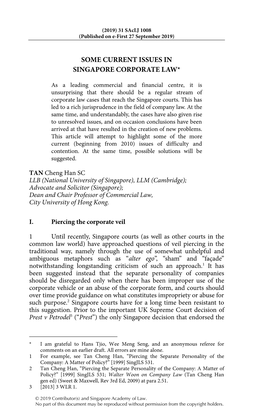 Some Current Issues in Singapore Corporate Law*