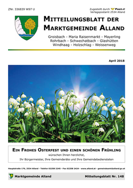 Mitteilungsblatt Der Marktgemeinde Alland Groisbach - Maria Raisenmarkt - Mayerling Rohrbach - Schwechatbach - Glashütten Windhaag - Holzschlag - Weissenweg