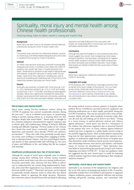 Spirituality, Moral Injury and Mental Health Among Chinese Health Professionals Zhizhong Wang, Faten Al Zaben, Harold G