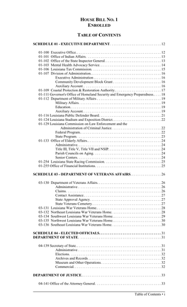 House Bill No. 1 Enrolled Table of Contents