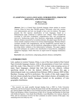 CLASSIFYING LALO LANGUAGES: SUBGROUPING, PHONETIC DISTANCE, and INTELLIGIBILITY* Cathryn Yang SIL International